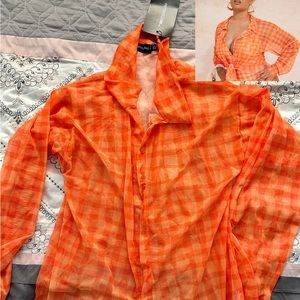 Plus Orange Gingham Mesh Beach Shirt